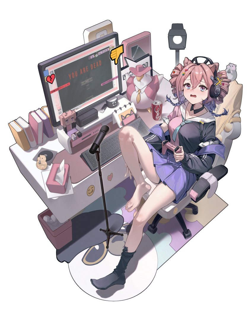 1girl absurdres animal_ears arknights bike_shorts black_collar black_headphones black_jacket black_shirt black_socks blue_jacket blue_necktie book can cat_ears chair character_doll character_rug collar commentary_request cone_hair_bun controller crying crying_emoji crying_with_eyes_open desk detached_collar drill_hair duck_lord_(arknights) emoji eureka_(arknights) food fruit full_body game_over gaming_chair gopnik_(arknights) hair_bun hamster headphones heart highres holding holding_controller jacket keyboard_(computer) knee_up long_hair long_sleeves looking_at_viewer microphone microphone_stand mismatched_socks monitor necktie open_mouth pink_hair pink_shirt pleated_skirt purple_eyes purple_hair purple_skirt sailor_collar shirt simple_background single_barefoot single_sock skirt socks socks_removed soda_can solo sticker strawberry swivel_chair tears thumbs_down tissue_box trash_can twin_drills twintails two-sided_fabric two-sided_jacket white_background x zhoi_star