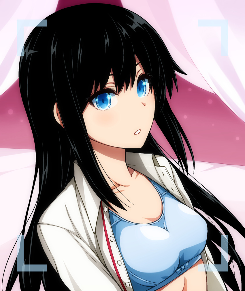 1girl :o alternate_breast_size asashio_(kancolle) bed_sheet black_hair blue_eyes blue_sports_bra blush breasts collarbone collared_shirt commentary_request dutch_angle highres kantai_collection long_hair looking_at_viewer medium_breasts open_clothes open_shirt parted_lips photoshop_(medium) purple_background shirt sidelocks solo sports_bra straight_hair unbuttoned unbuttoned_shirt underwear upper_body uron-rei very_long_hair viewfinder white_shirt wing_collar