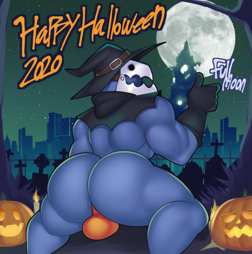 2020 atlus black_clothing black_gloves black_handwear bulge butt candle cement city city_background clothing demon elfein gesture gloves grey_body halloween handwear hat headgear headwear hi_res holidays humanoid jack-o'-lantern looking_at_viewer looking_back looking_back_at_viewer lying male megami_tensei megami_tensei_persona muscular muscular_male on_front orange_clothing orange_thong orange_underwear outside presenting presenting_hindquarters sega solo thanatos_(megami_tensei) thong thumbs_up underwear witch_hat