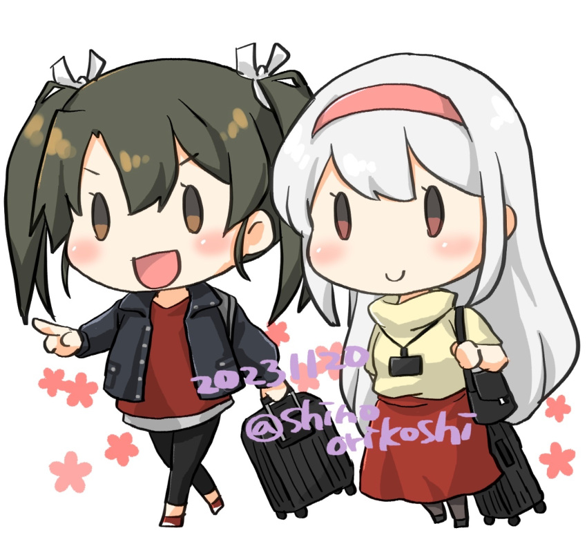 2girls black_hair black_jacket black_pants brown_eyes chibi dated hairband highres jacket kantai_collection multiple_girls official_alternate_costume orikoshi_shino pants red_hairband red_shirt red_skirt rolling_suitcase shirt shoukaku_(kancolle) skirt smile suitcase twitter_username white_hair white_shirt zuikaku_(kancolle)