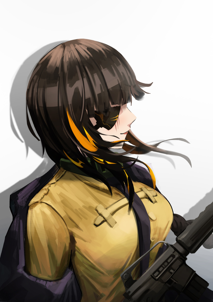 1girl absurdres assault_rifle black_hair black_jacket closed_mouth eyepatch girls'_frontline gun highres jacket long_hair looking_to_the_side m16 m16a1 m16a1_(girls'_frontline) mario_(inverse_atelier) rifle scar shirt simple_background upper_body weapon yellow_shirt