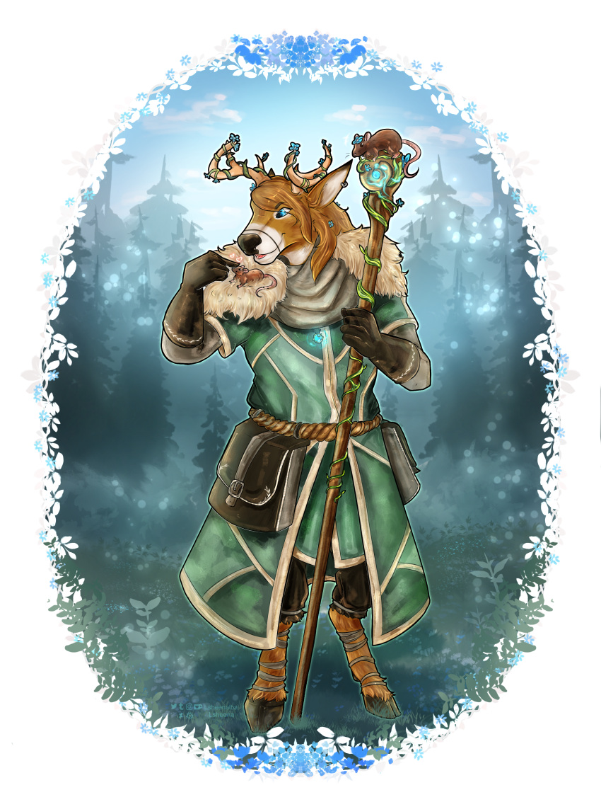 absurd_res accessory anthro antlers blue_eyes blue_flower brown_body brown_fur brown_hair cloak clothing cloven_hooves deer druid dungeons_and_dragons ear_piercing ear_ring ewan_j._redding fantasy fantasy_weapon floral_pattern flower flower_in_hair forest forest_background fur gloves hair hair_accessory handwear hasbro hi_res hooves horn long_hair lsheena magic magic_staff magic_user male mammal multicolored_body multicolored_fur nature nature_background new_world_deer pendant piercing plant ring_piercing robe rodent satchel smile solo staff tree tribal_spellcaster two_tone_body two_tone_fur vines white-tailed_deer white_body white_fur wizards_of_the_coast