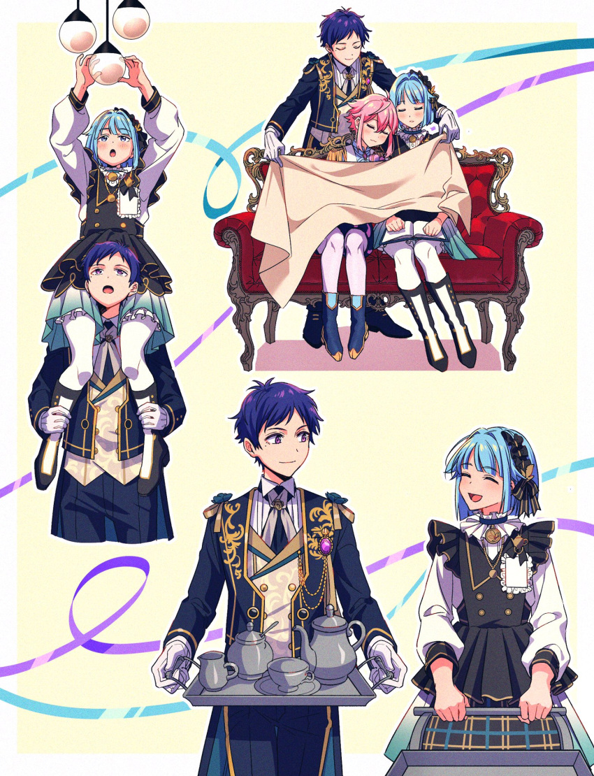 3boys :o androgynous blanket blue_hair blush buttons closed_eyes closed_mouth coat commentary_request cowboy_shot cup dark_blue_hair ensemble_stars! frills full_body fushimi_yuzuru gloves head_on_another's_shoulder highres himemiya_tori holding holding_another's_leg holding_tray long_sleeves looking_at_another looking_up male_focus mole mole_under_eye multiple_boys official_alternate_costume on_person open_mouth partial_commentary pink_hair purple_eyes purple_ribbon ribbon shino_hajime short_bangs short_hair sidelocks sitting sleeping sleeping_upright teapot tray user_vzxu4543 white_gloves