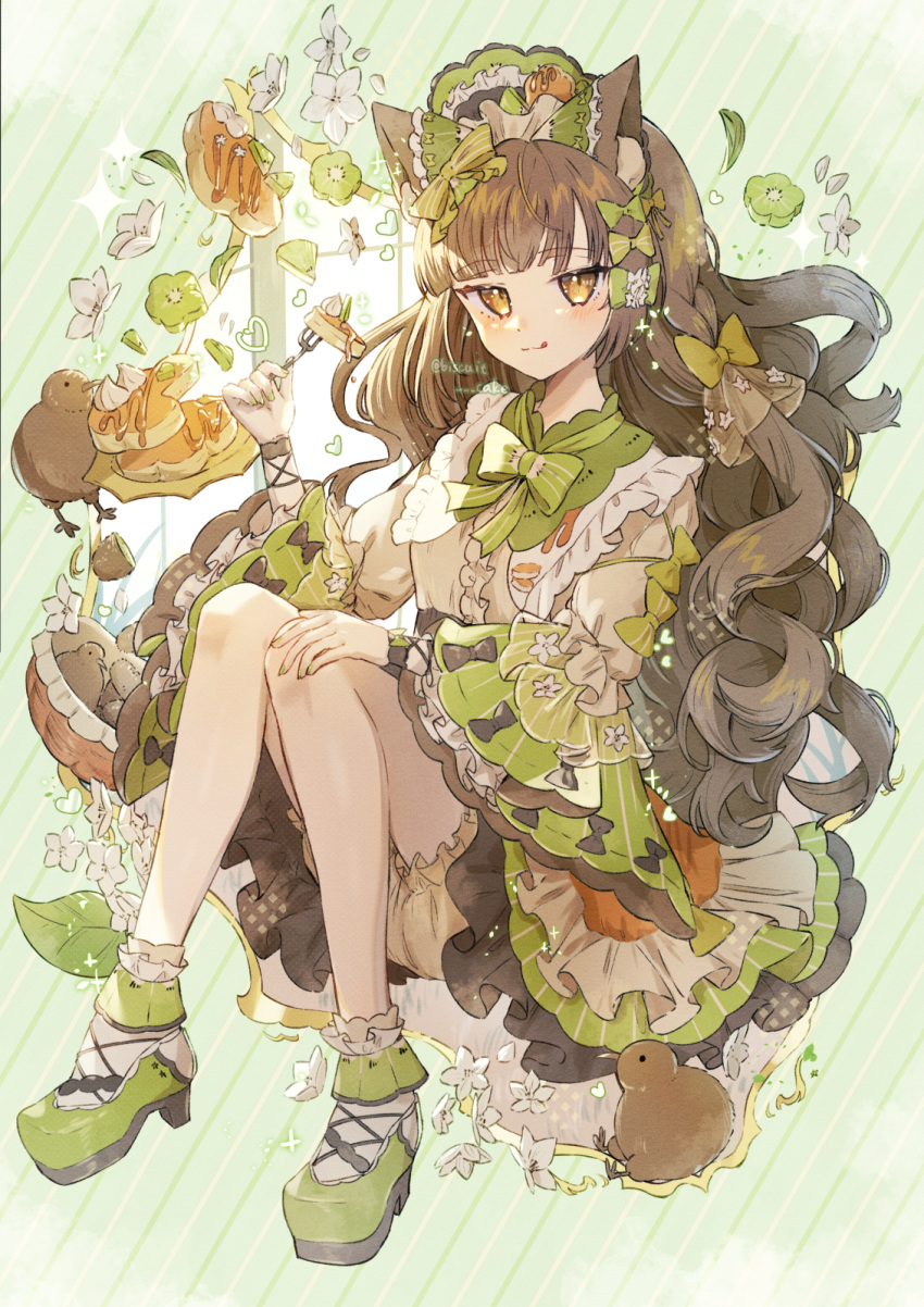 1girl :p animal_ear_fluff animal_ears bare_legs bird bloomers blunt_bangs blush bonnet bow bowtie brown_hair cat_ears cat_girl cat_tail center_frills dot_nose food fork frills fruit full_body green_bow green_bowtie green_footwear green_headwear green_nails green_skirt green_theme grey_bloomers hair_bow high_heels highres holding holding_fork invisible_chair kiwi_(fruit) kiwi_slice knees_together_feet_apart knees_up long_hair looking_at_viewer maple_syrup nail_polish orange_eyes original pancake shirt sidelocks sitting skirt solo strappy_heels tail tongue tongue_out tsukumi_bis underwear white_shirt