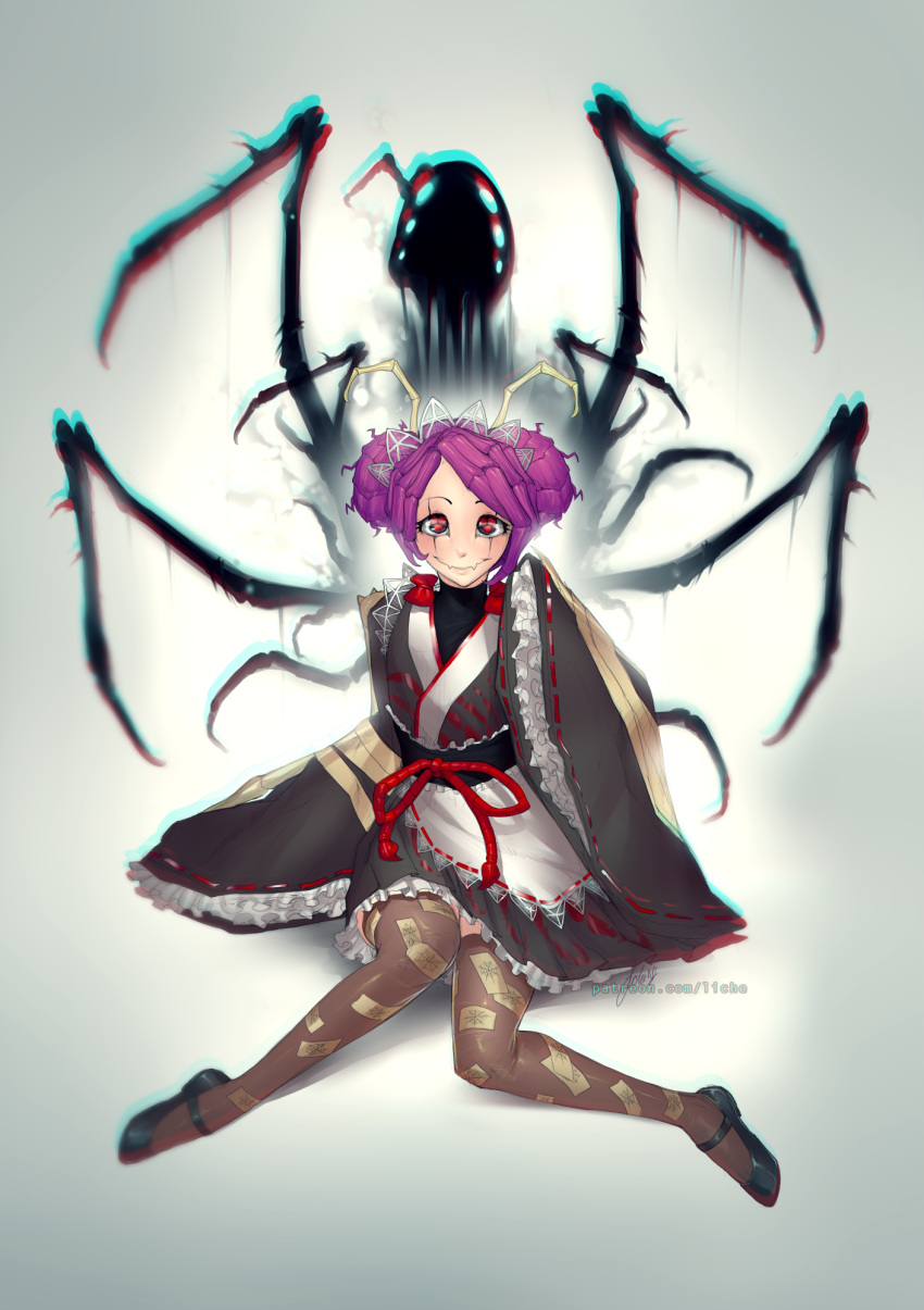 1girl antennae apron arthropod_girl arthropod_limbs black_footwear black_kimono blush brown_thighhighs bug closed_mouth commentary double_bun english_commentary entoma_vasilissa_zeta extra_pupils fangs full_body hair_bun hand_up highres japanese_clothes kimono liche_(wiggly_liche) looking_at_viewer maid maid_headdress mary_janes monster_girl ofuda ofuda_on_clothes overlord_(maruyama) patreon_username purple_hair red_eyes ribbon-trimmed_sleeves ribbon_trim shoes short_hair simple_background sitting skin_fangs sleeves_past_wrists smile solo spider thighhighs wariza white_apron white_background wide_sleeves