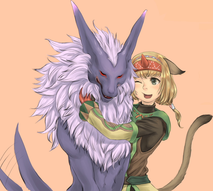 1girl ;d afterimage animal_ears animal_hug avatar_(ff11) blonde_hair brown_tail cactus41747280 cat_ears cat_girl cat_tail detached_sleeves fenrir_(final_fantasy) final_fantasy final_fantasy_xi green_eyes hairband highres horns hug long_sleeves medium_hair mithra_(ff11) motion_lines multicolored_hairband multiple_hairbands one_eye_closed open_mouth orange_background orange_ribbon red_hairband red_horns ribbon ribbon_trim simple_background single_horn smile solo summoner_(final_fantasy) tail tail_raised tail_wagging turtleneck wolf yellow_pupils yellow_sleeves
