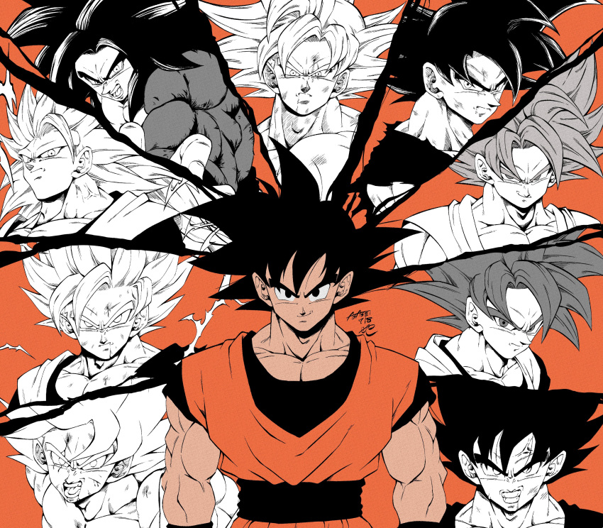 1boy absurdres black_eyes black_hair blonde_hair dougi dragon_ball dragon_ball_gt dragon_ball_super dragon_ball_z highres looking_at_viewer male_focus monkey_boy monochrome multiple_boys multiple_persona muscular muscular_male open_mouth pectorals saiyan seya_(asasei_718) simple_background smile son_goku spiked_hair super_saiyan super_saiyan_1 super_saiyan_2 super_saiyan_3 super_saiyan_4 super_saiyan_blue super_saiyan_god ultra_instinct wristband