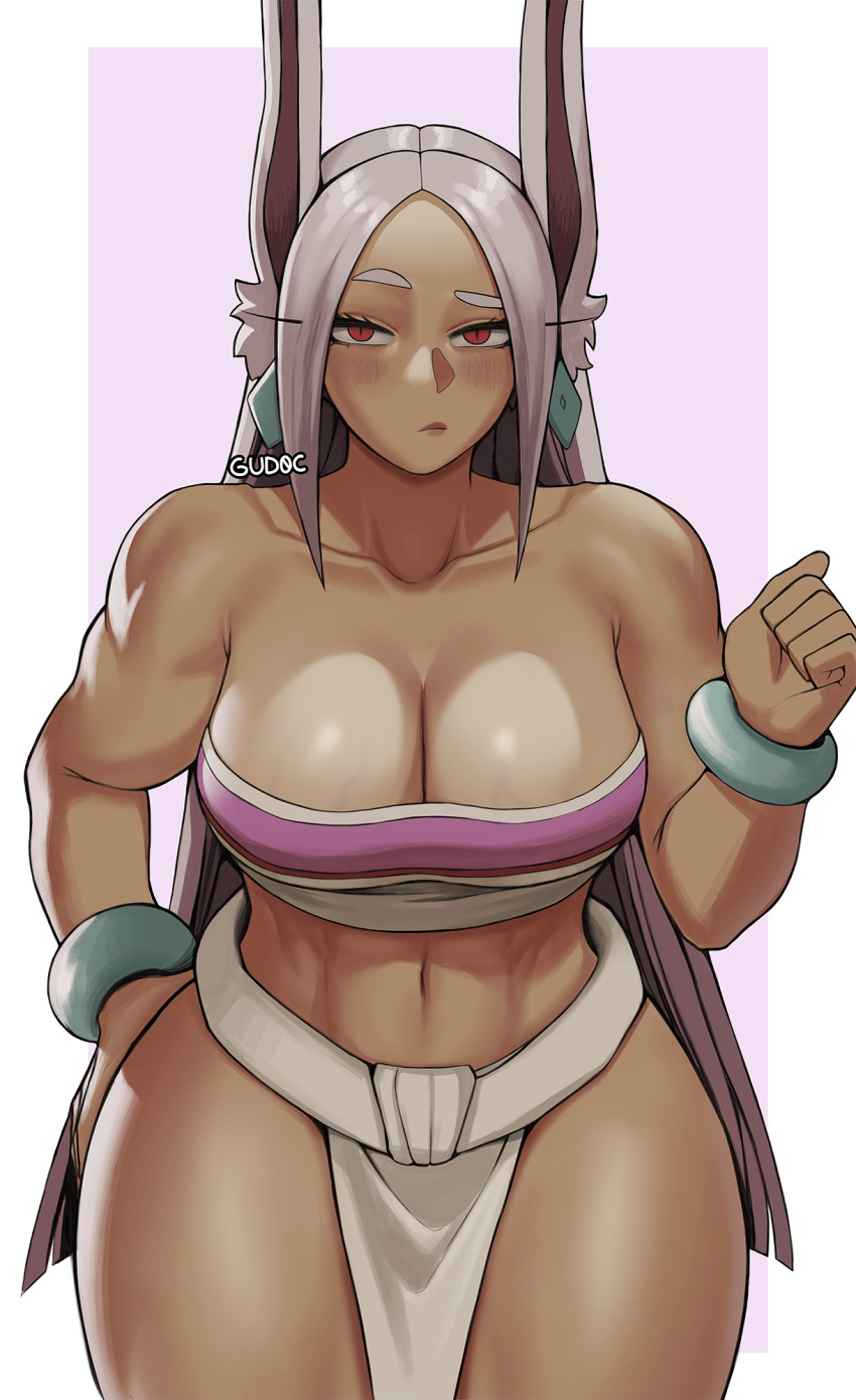 1girl abs animal_ears artist_name bare_shoulders blush boku_no_hero_academia border bracelet breasts chel_(the_road_to_el_dorado) chel_(the_road_to_el_dorado)_(cosplay) cleavage clenched_hand collarbone cosplay dark-skinned_female dark_skin earrings gud0c hand_on_own_hip hand_up highres jewelry large_breasts loincloth long_eyelashes long_hair looking_at_viewer mayan_clothes mirko navel parted_bangs pelvic_curtain pink_background pink_tube_top rabbit_ears rabbit_girl raised_eyebrow red_eyes solo stomach strapless the_road_to_el_dorado thick_thighs thighs toned tube_top very_long_hair white_border white_hair white_loincloth