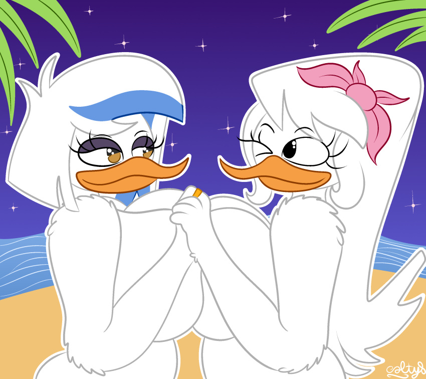 absurd_res anatid anseriform anthro avian beach big_breasts bird breasts colty8 digit_ring disney duck ducktales ducktales_(2017) duo eye_contact female female/female hi_res huge_breasts jewelry jewerly_only lena_(ducktales) lesbian_couple looking_at_another non-mammal_breasts nude one_eye_closed palm_tree plant public public_nudity ring ring_only romantic romantic_couple sea seaside tasteful_nudity tree water webby_vanderquack wedding_ring wholesome wife_and_wife