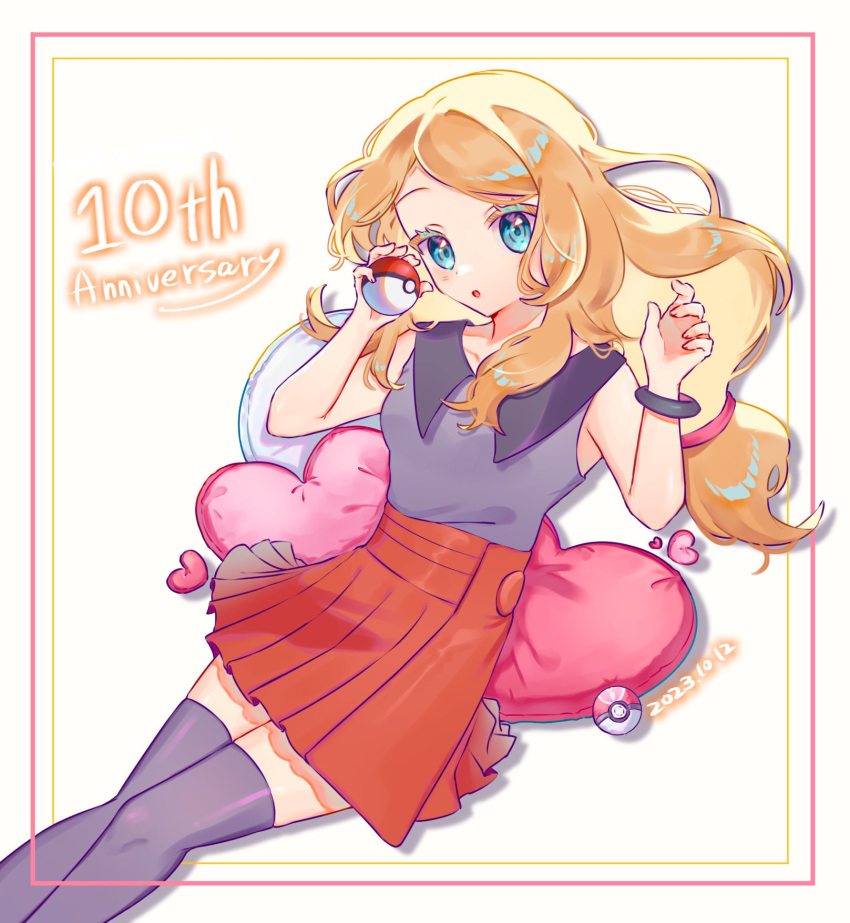 1girl :o anniversary aqua_eyes blonde_hair bracelet collared_shirt commentary_request cushion dated eyelashes framed hands_up head_tilt highres holding holding_poke_ball jewelry long_hair love_ball low-tied_long_hair miso_(mso_742) open_mouth pleated_skirt poke_ball poke_ball_(basic) pokemon pokemon_(game) pokemon_xy serena_(pokemon) shirt skirt solo thighhighs white_background