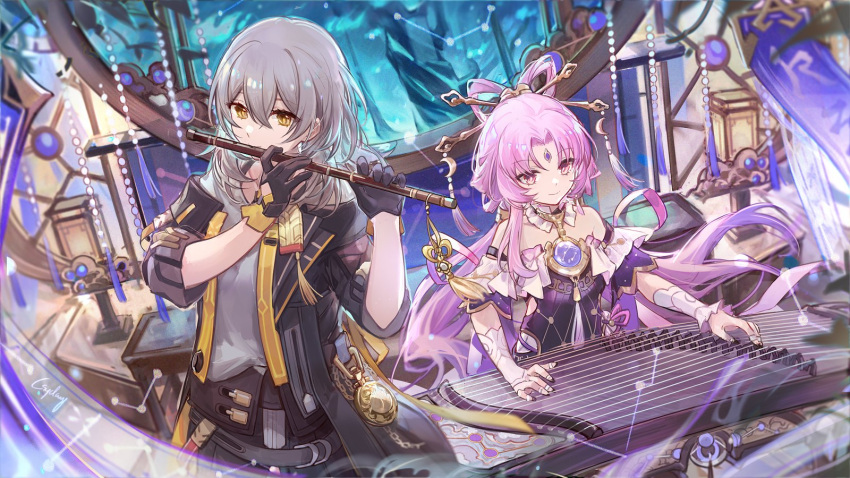 2girls bare_shoulders black_gloves black_jacket csyday english_commentary forehead_jewel fu_xuan_(honkai:_star_rail) gloves hair_ornament hair_stick highres holding holding_instrument honkai:_star_rail honkai_(series) instrument jacket long_hair looking_at_viewer medium_hair multiple_girls music open_clothes open_jacket parted_bangs pink_hair playing_instrument shirt stelle_(honkai:_star_rail) trailblazer_(honkai:_star_rail) upper_body white_shirt yellow_eyes