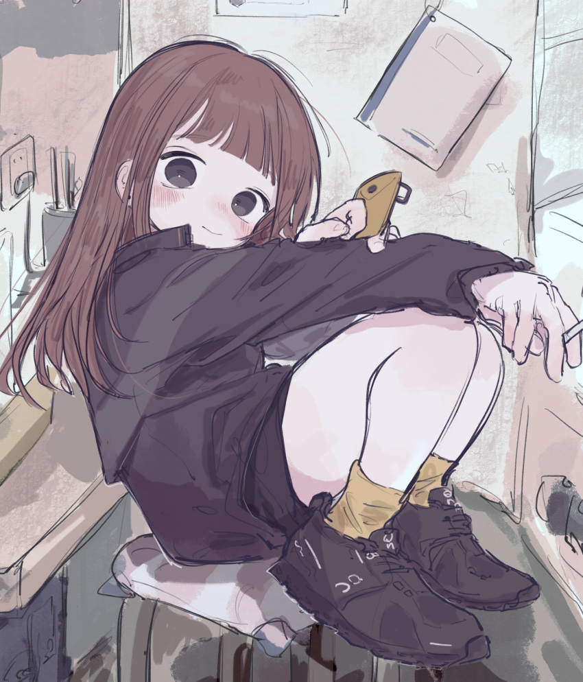 1girl absurdres black_eyes black_footwear black_jacket black_shorts blunt_bangs brown_hair cigarette closed_mouth highres holding holding_cigarette jacket long_hair long_sleeves looking_at_viewer original shoes short_shorts shorts sitting smoking sneakers socks solo stool yellow_socks yunoki_itsugu