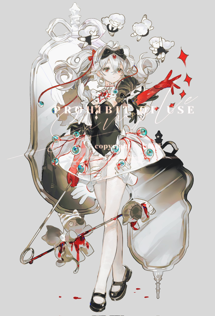 1girl artist_name bare_legs black_ribbon blood blood_drip blood_drop blood_on_clothes bow breasts cat cleavage dress elbow_gloves gloves grey_background hair_between_eyes hair_ornament hair_ribbon happybiirthd highres holding holding_needle long_hair medium_breasts mirror needle original pale_skin red_bow red_eyes red_gloves red_ribbon ribbon sample_watermark serious signature simple_background solo standing stuffed_toy watermark white_gloves white_hair