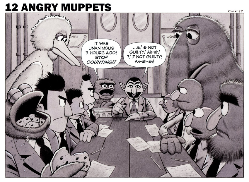 12_angry_men 2022 3_fingers anthro avian beak beard bert big_bird big_nose bird black_and_white border bruce_mccorkindale clothing cookie cookie_monster count_von_count crossover dialogue door eating elmo english_text ernie eyebrows eyewear facial_hair fangs fingers food frown furniture greyscale group grover guy_smiley hi_res humanoid looking_at_viewer male monochrome monocle monster mr._johnson mr._snuffleupagus muppet muppets mustache necktie oscar_the_grouch parody pencil_(object) pipe sesame_street shirt signature sleeping suit sweetums table teeth text the_frog_prince the_muppet_show thick_eyebrows topwear trash_can unibrow vampire white_border