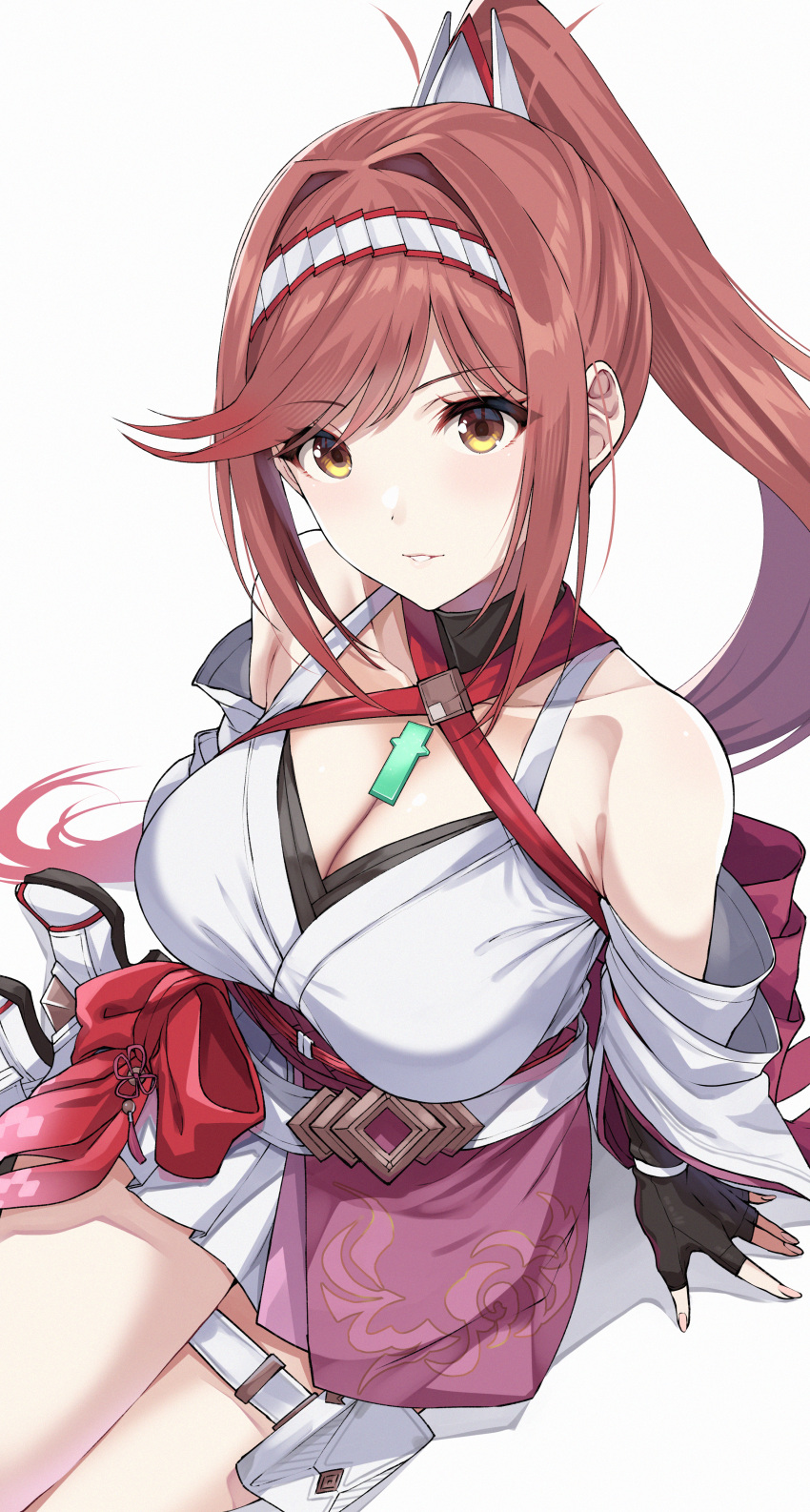 1girl absurdres bare_shoulders breasts chest_jewel cleavage core_crystal_(xenoblade) criss-cross_halter detached_sleeves fingerless_gloves glimmer_(xenoblade) gloves halterneck high_ponytail highres japanese_clothes kimono large_breasts long_hair looking_at_viewer obi parted_lips ponytail red_hair sash solo swept_bangs white_kimono wide_sleeves xenoblade_chronicles_(series) xenoblade_chronicles_3 xenoblade_chronicles_3:_future_redeemed yuuki_shin