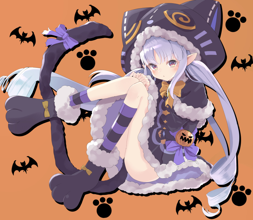 1girl absurdres agaki_anko animal_hood asymmetrical_legwear bat_(animal) black_dress black_footwear bow brown_eyes capelet cat_hood cat_tail commentary dress floating fur-trimmed_capelet fur-trimmed_dress fur_trim halloween halloween_costume highres hood hooded_capelet jack-o'-lantern kyouka_(princess_connect!) light_frown long_hair long_sleeves looking_at_viewer orange_background orange_bow parted_lips paw_print paw_shoes pointy_ears princess_connect! purple_hair purple_ribbon purple_socks ribbon short_dress simple_background socks solo striped striped_socks tail tail_ornament tail_ribbon twintails very_long_hair
