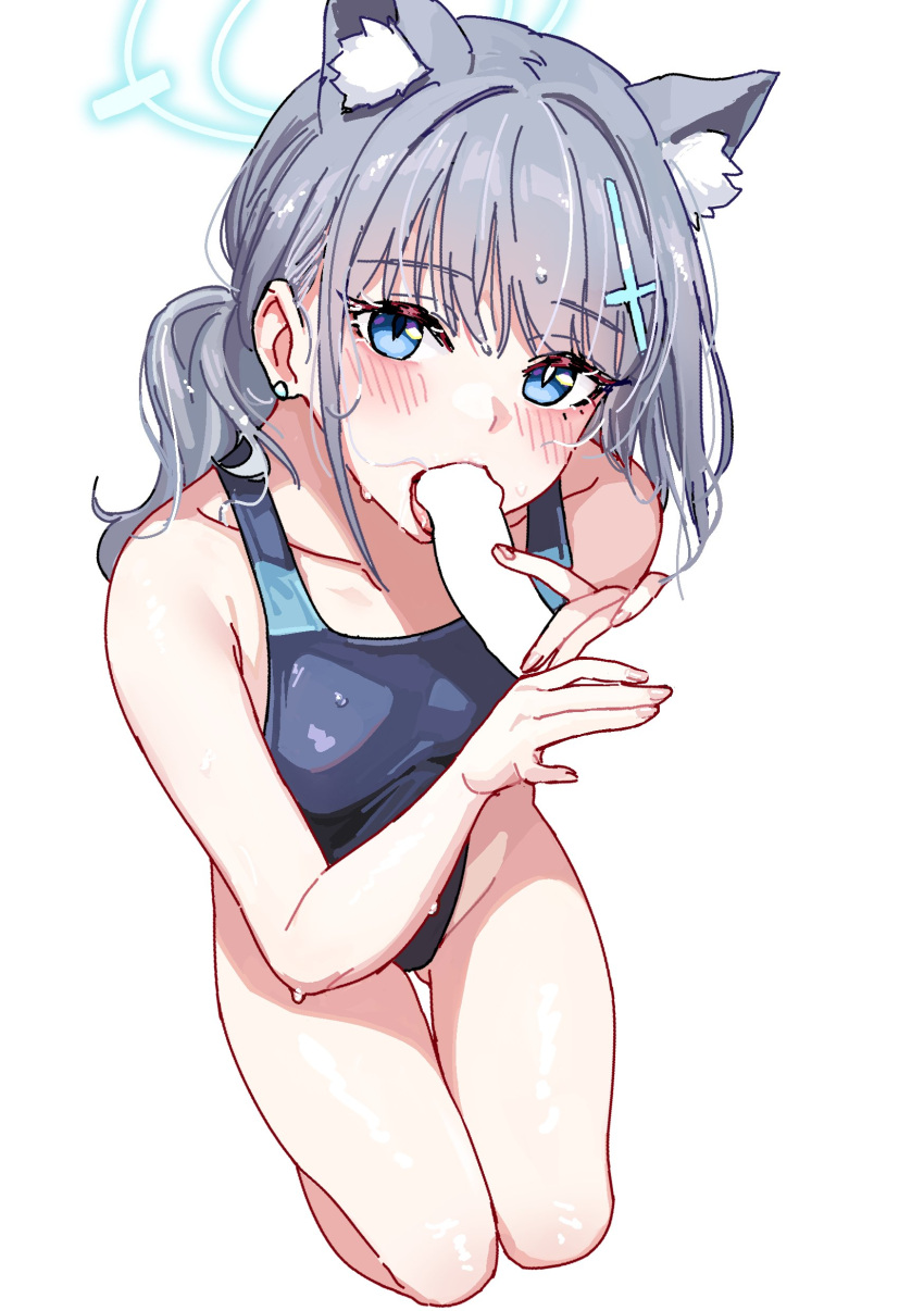 1girl absurdres animal_ears blue_archive blue_eyes blush breasts censored cross_hair_ornament disembodied_penis ear_piercing extra_ears fellatio grey_hair hair_ornament halo highres kneeling looking_at_viewer mismatched_pupils official_alternate_costume one-piece_swimsuit oral penis piercing ponytail shiroko_(blue_archive) shiroko_(swimsuit)_(blue_archive) simple_background sitting small_breasts solo swimsuit taotao white_background wolf_ears