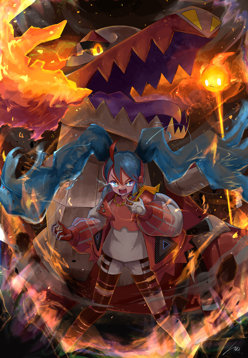 absurdres blue_eyes blue_hair crocodile crocodilian ekaki_panda fire fire_bird_(skeledirge) fire_miku_(project_voltage) gloves glowing glowing_eye hatsune_miku headphones highres jacket long_hair musical_note open_clothes open_jacket open_mouth poke_ball_print pokemon pokemon_(creature) project_voltage puffy_sleeves shirt skeledirge twintails very_long_hair vocaloid