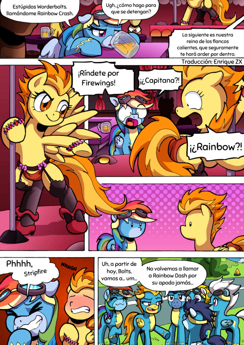 alcohol beer beverage comic cutie_mark dancing equid equine female friendship_is_magic group hair hasbro hi_res horse male mammal multicolored_hair my_little_pony pegasus pole pole_dancing pony rainbow_dash_(mlp) rainbow_hair spanish_text spitfire_(mlp) text unknown_artist wings wonderbolts_(mlp) wonderbolts_uniform