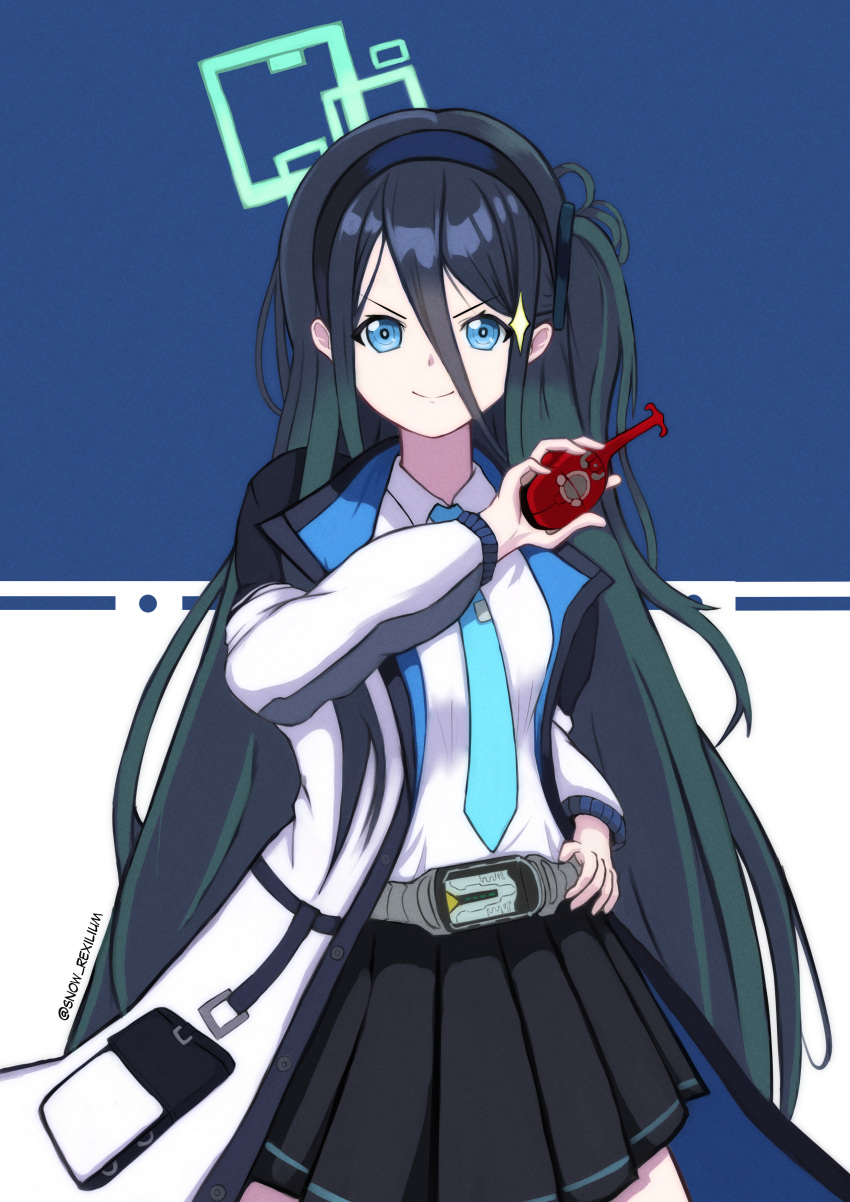 1girl absurdres aris_(blue_archive) black_hair black_skirt blue_archive blue_eyes blue_necktie collared_shirt commentary_request doyagao hair_between_eyes hair_ornament hairband hal9 henshin highres holding jacket kamen_rider kamen_rider_kabuto_(series) long_hair long_sleeves looking_at_viewer necktie one_side_up open_clothes open_jacket pleated_skirt rider_belt school_uniform shirt sidelocks simple_background skirt smile smug snow_rexilium solo sparkle v-shaped_eyebrows