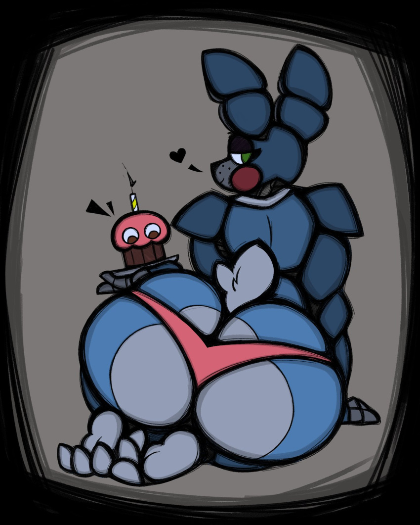 2023 3_toes ambiguous_gender animatronic anthro bedroom_eyes big_butt biped bottomwear butt clothing cupcake_(fnaf) digital_media_(artwork) feet five_nights_at_freddy's five_nights_at_freddy's_2 hi_res huge_butt lagomorph leporid looking_back machine mammal mostly_nude narrowed_eyes rabbit rear_view robot scottgames seductive simple_background solo thfooxxir thick_thighs toes toy_bonnie_(fnaf) wide_hips