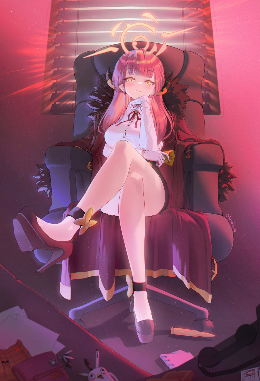 1girl absurdres artist_name aru_(blue_archive) ass black_footwear black_jacket black_skirt blouse blue_archive blush breasts brown_jacket bullet card chair closed_mouth coat coat_on_shoulders credit_card crossed_legs demon_girl demon_horns dot_nose feet fur_coat gloves halo hancho hand_on_own_face hand_up high_heels highres holding horns id_card jacket legs long_coat long_hair long_sleeves on_chair orange_eyes paper pen phone pink_eyes pink_hair red_eyes red_hair red_ribbon ribbon shirt sitting skirt slit smile smirk solo thighs toe_cleavage wallet white_gloves white_shirt