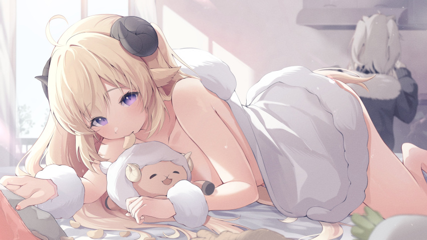 2girls absurdres ahoge animal_ears barefoot blonde_hair blush breasts chips_(food) cleavage dress eat_some_cookie food fur-trimmed_dress fur_trim grey_hair highres hololive horns large_breasts lion_ears lion_girl long_hair looking_at_viewer multiple_girls panties potato_chips purple_eyes sheep_ears sheep_girl sheep_horns shishiro_botan shishiro_botan_(1st_costume) tsunomaki_watame tsunomaki_watame_(1st_costume) underwear virtual_youtuber watamate white_dress white_panties