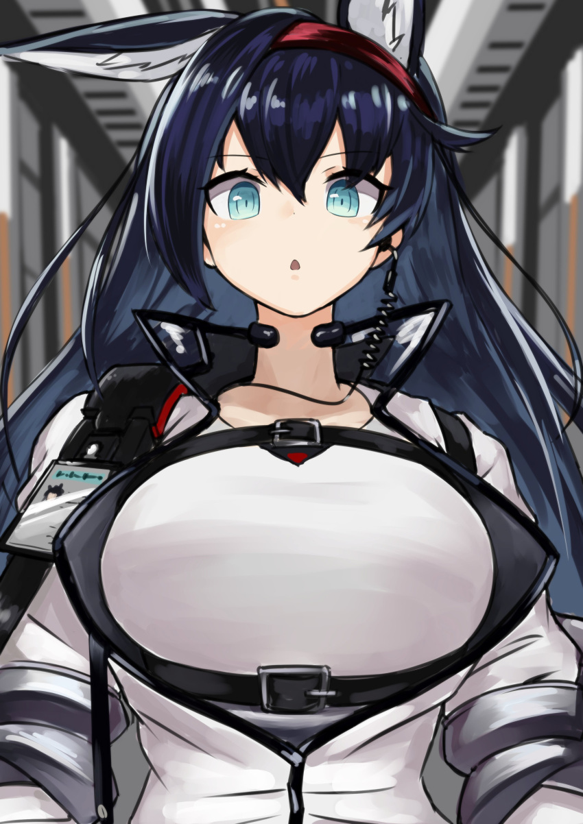 1girl absurdres animal_ear_fluff animal_ears arknights blaze_(arknights) blue_eyes blue_hair blurry blurry_background breasts commentary_request depth_of_field hair_between_eyes hairband highres indoors jacket large_breasts long_hair looking_at_viewer parted_lips red_hairband shiowasabi_teishoku shirt solo unaligned_ears upper_body very_long_hair white_jacket white_shirt