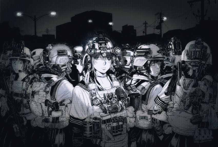 6+girls assault_rifle bandaid bandaid_on_face bandaid_on_nose closed_mouth ear_protection english_commentary explosive flare grenade gun halftone highres holding holding_gun holding_weapon load_bearing_vest looking_at_viewer migrainxxl monochrome multiple_girls night night_vision_device original pouch radio rifle school_uniform scope short_hair short_sleeves shotgun solo_focus tactical_clothes watch weapon wristwatch