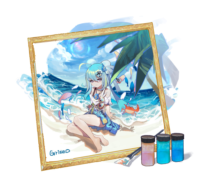 1girl absurdres ahoge animal bare_shoulders beach blonde_hair blue_hair blue_skirt blue_sky closed_mouth cloud commentary crab day griseo hair_between_eyes highres honkai_(series) honkai_impact_3rd horizon iomywaifu looking_at_viewer multicolored_hair ocean paintbrush palm_tree picture_frame purple_eyes sand signature skirt sky smile solo streaked_hair tree water white_background