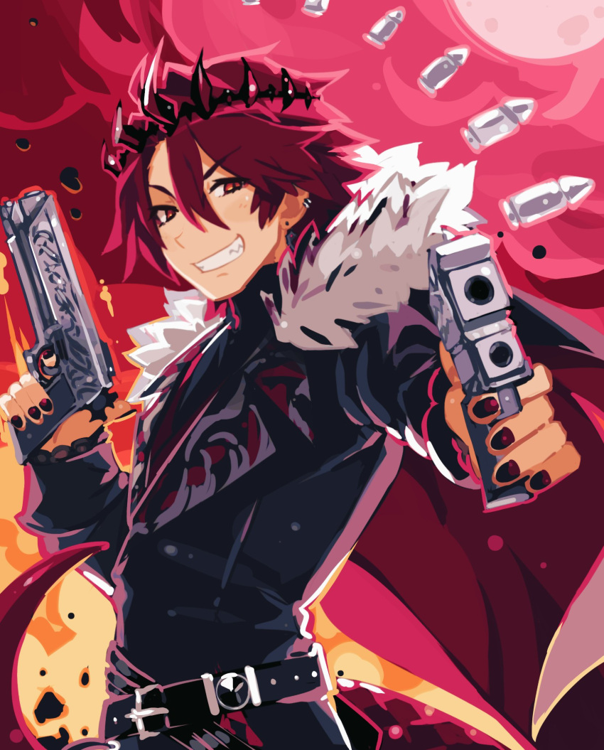 1boy belt black_belt black_jacket black_nails bullet crown dinosaur_tail ear_piercing explosion fur-trimmed_jacket fur_trim gun hair_between_eyes harada_takehito_(style) highres holding holding_gun holding_weapon holostars holostars_english jacket jurard_t_rexford kasumi_koujou long_sleeves multiple_belts no_lineart piercing red_eyes red_hair sharp_teeth short_hair slit_pupils smile solo tail teeth virtual_youtuber weapon