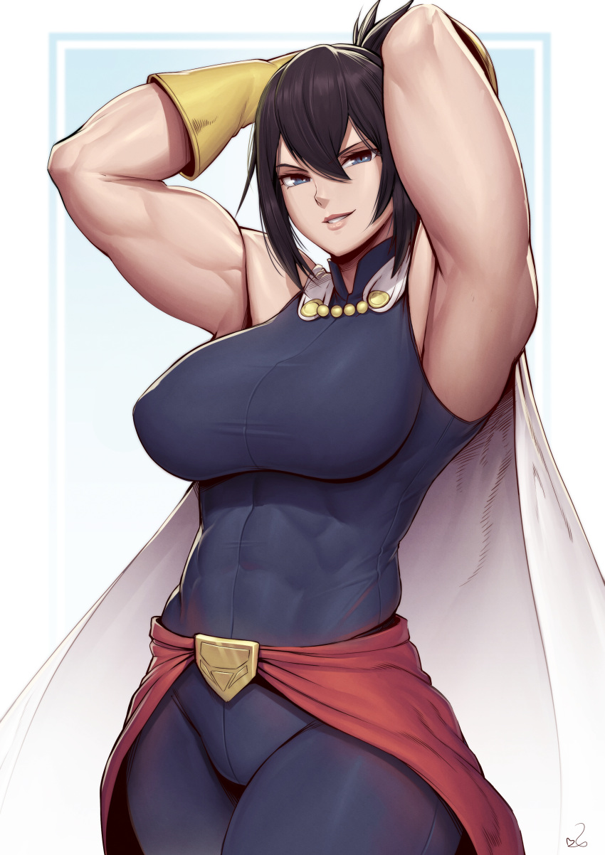 1girl absurdres arms_behind_head arms_up bare_shoulders black_hair blue_bodysuit blue_eyes bodysuit boku_no_hero_academia breasts cape covered_abs covered_navel gloves hair_between_eyes highres large_breasts long_hair looking_at_viewer muscular muscular_female parted_lips shimura_nana signature sleeveless sleeveless_bodysuit smile solo speedl00ver taut_bodysuit waist_cape white_cape yellow_gloves