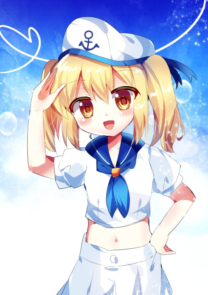 1girl absurdres anchor_symbol blonde_hair blue_neckerchief blue_ribbon blue_sailor_collar blue_sky blush_stickers bubble chisen_maimai commentary denim denim_shorts hand_on_own_head hand_on_own_hip hat hat_ribbon heart highres kitashirakawa_chiyuri midriff neckerchief open_mouth puffy_short_sleeves puffy_sleeves ribbon sailor sailor_collar sailor_hat salute shirt short_sleeves shorts sky smile touhou touhou_(pc-98) twintails two_side_up white_headwear white_shirt white_shorts