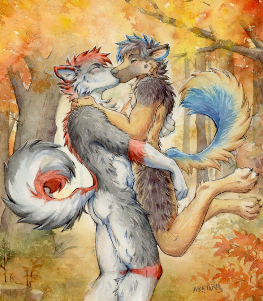 akatan_art anthro anthro_on_anthro back_tuft blush brown_body brown_fur brown_hair butt canid cheek_tuft duo eyes_closed facial_tuft forest fur grey_body grey_fur hair hi_res kissing male male/male mammal neck_tuft nude orange_body orange_fur outside plant red_hair shoulder_tuft tree tuft