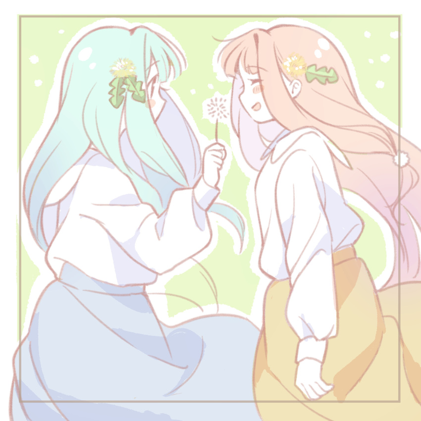 2girls absurdres alternate_costume blue_hair blue_skirt blush_stickers chipochopo324 closed_eyes collared_shirt commentary dandelion face-to-face facing_another floating_hair flower from_side green_background hair_flower hair_ornament hand_up highres holding holding_flower kotonoha_akane kotonoha_aoi light_particles long_hair long_sleeves looking_at_another multiple_girls outline pink_hair profile shirt siblings sidelocks simple_background sisters skirt smile symbol-only_commentary transparent_border voiceroid white_outline white_shirt yellow_skirt