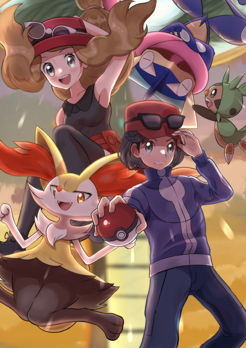 1boy 1girl absurdres black_hair blue_jacket braixen breasts calem_(pokemon) chespin collarbone dosya_252 eyewear_on_headwear fangs greninja highres holding holding_poke_ball jacket light_brown_hair open_mouth poke_ball poke_ball_(basic) pokemon pokemon_(creature) pokemon_(game) pokemon_xy red_eyes red_headwear serena_(pokemon) smile sunglasses