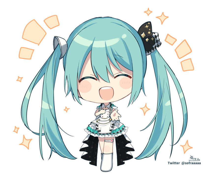 1girl ^_^ blue_hair boots chibi closed_eyes collar detached_collar dress facing_viewer frilled_dress frills full_body hair_between_eyes hatsune_miku highres knee_boots long_hair more_more_jump!_(project_sekai) more_more_jump!_miku notice_lines outstretched_arm signature simple_background sofra solo sparkle standing twintails twitter_username very_long_hair vocaloid white_background white_collar white_dress white_footwear