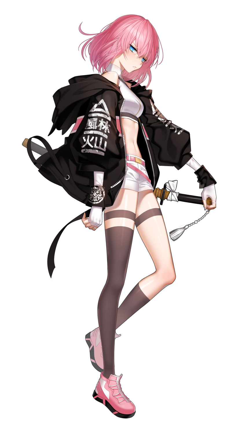 1girl :/ absurdres asymmetrical_legwear bare_shoulders belt black_jacket blue_eyes blush breasts brown_socks brown_thighhighs closers crop_top expressionless fingerless_gloves full_body gloves highres holding hood hood_down hooded_jacket jacket katana kneehighs long_sleeves looking_at_viewer medium_breasts midriff navel off_shoulder official_art open_clothes open_jacket pink_footwear pink_hair puffy_sleeves seulbi_lee sheath sheathed shirt shoes short_hair short_shorts shorts single_kneehigh single_sock single_thighhigh sleeveless sleeveless_shirt sleeveless_turtleneck sneakers socks solo stomach sword tachi-e tassel thigh_strap thighhighs turtleneck uneven_legwear v-shaped_eyebrows weapon white_background white_gloves white_shirt white_shorts