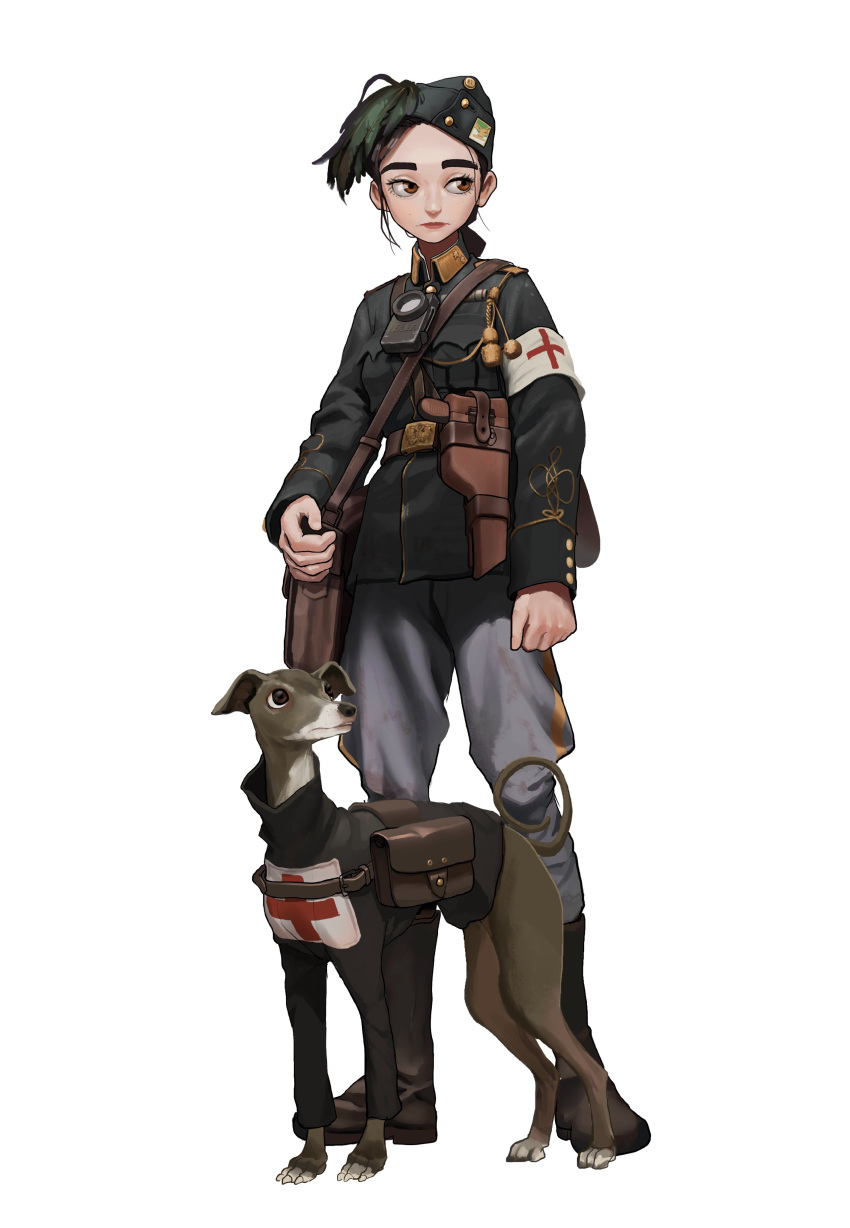 1girl absurdres animal armband bag black_hair black_headwear black_jacket boots brown_eyes brown_footwear cross dog full_body grey_pants gun hat_feather highres holster jacket medic military_uniform original pants red_cross rifleman1130 shoulder_bag simple_background soldier standing uniform weapon white_armband white_background