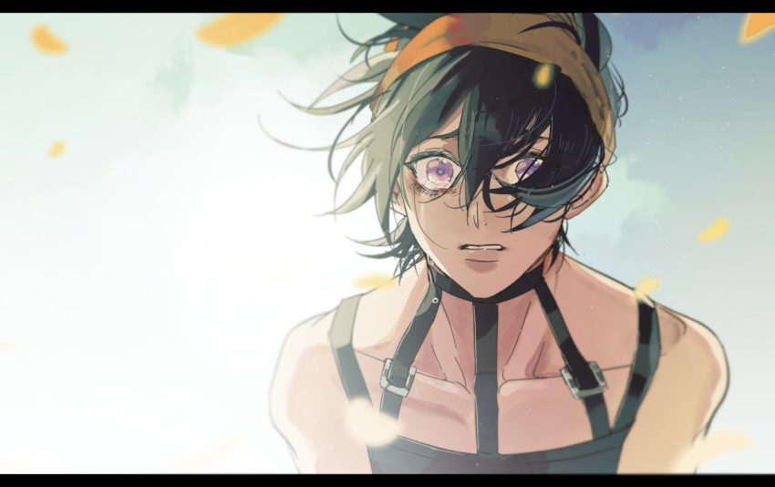 1boy bare_shoulders black_hair collarbone commentary_request crying crying_with_eyes_open doran_(doran7280) jojo_no_kimyou_na_bouken lips looking_away male_focus narancia_ghirga parted_lips purple_eyes short_hair solo tears upper_body vento_aureo