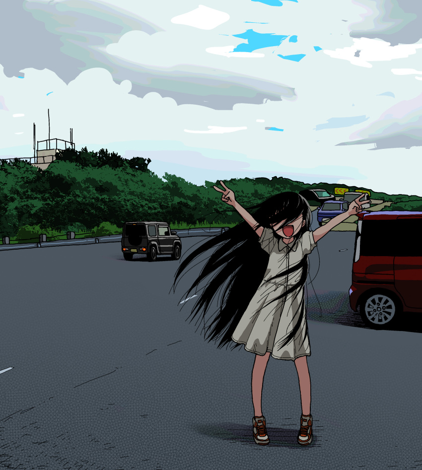 1girl absurdres arms_up building car cloud cloudy_sky commentary_request covered_eyes day double_v dress facing_viewer floating_hair foliage guard_rail hair_over_eyes highres kunikida_kunio long_hair messy_hair motor_vehicle original outdoors puffy_short_sleeves puffy_sleeves road shoes short_sleeves sky smile sneakers solo standing straight-on v very_long_hair white_dress wide_shot