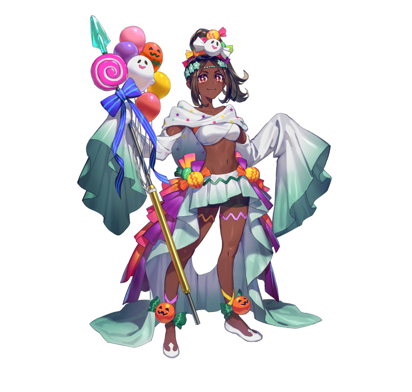 1girl absurdres alternate_costume balloon black_shorts breasts brown_hair candy_hair_ornament circlet closed_mouth crop_top dark-skinned_female dark_skin fire_emblem fire_emblem_engage fire_emblem_heroes food-themed_hair_ornament full_body ghost_hair_ornament gradient_clothes hair_ornament high_ponytail highres holding holding_weapon jack-o'-lantern long_hair long_sleeves looking_at_viewer medium_breasts midriff navel official_alternate_costume official_art okada_manabi parted_bangs polearm ponytail pumpkin red_eyes ribbon shiny_skin shoes shorts skirt sleeves_past_wrists smile solo spear standing star-shaped_pupils star_(symbol) stomach symbol-shaped_pupils timerra_(fire_emblem) timerra_(halloween)_(fire_emblem) transparent_background weapon wide_sleeves