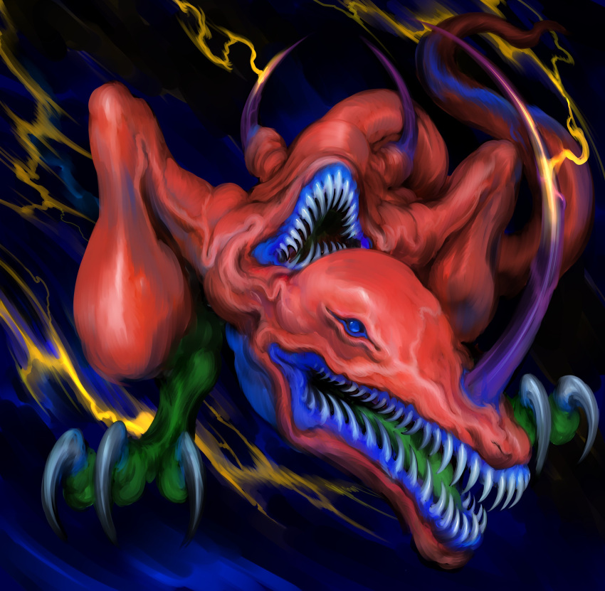 abstract_background absurdres blue_eyes blue_lips blue_skin claws colored_skin colored_tongue dragon dragon_horns dragon_tail electricity extra_mouth green_skin green_tongue highres horns horror_(theme) lizard monster multicolored_skin multiple_heads open_mouth red_skin reptile reptilian sharp_teeth single_horn tail teeth twin-headed_thunder_dragon veins witnesstheabsurd yu-gi-oh! yu-gi-oh!_duel_monsters