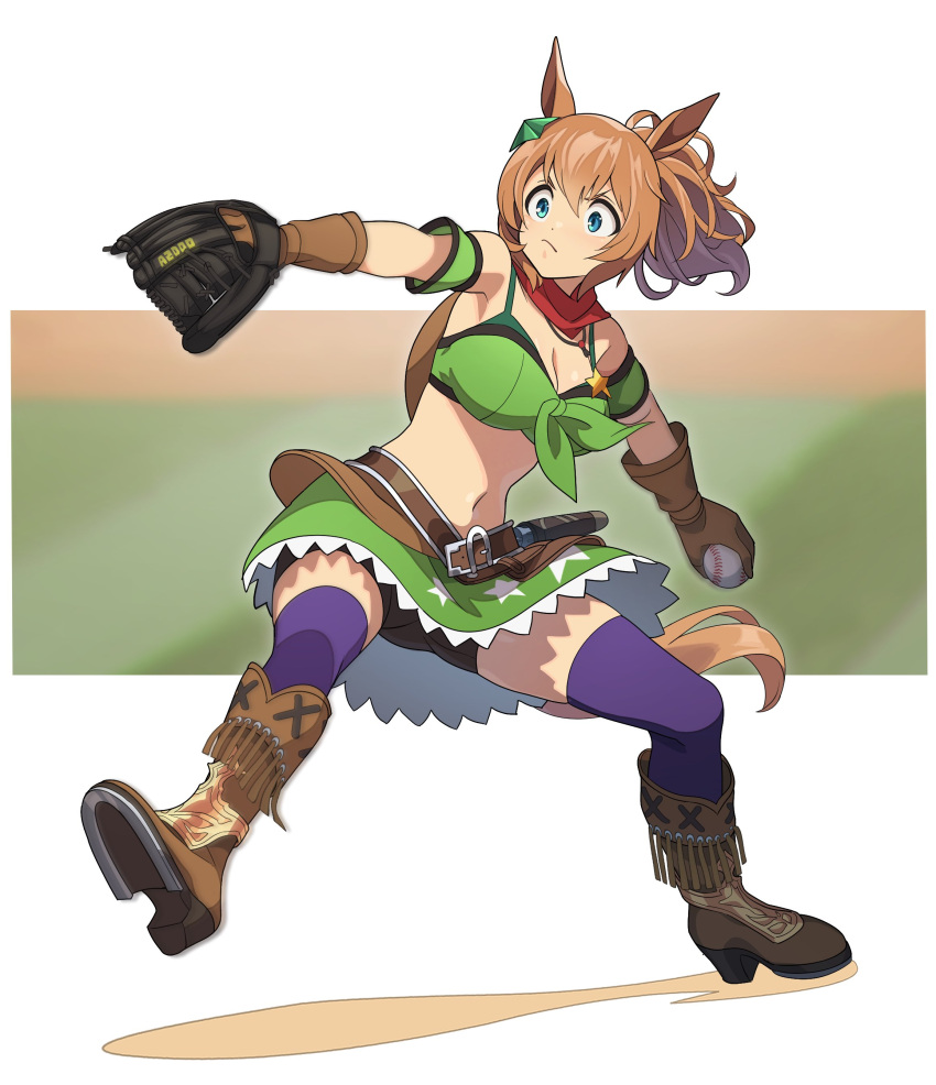 1girl absurdres animal_ears arm_garter arms_up bandana bandeau bare_shoulders baseball baseball_mitt belt bike_shorts boots breasts brown_footwear brown_gloves brown_hair cleavage crop_top full_body gloves green_eyes green_skirt gun hat_around_neck high_heel_boots high_heels highres holster holstered horse_ears horse_girl horse_tail jewelry looking_afar medium_breasts midriff motion_blur navel necklace nishiki_kazue outstretched_arm pitching ponytail purple_thighhighs revolver sequential short_hair skirt solo standing taiki_shuttle_(umamusume) tail thighhighs throwing umamusume upskirt v-shaped_eyebrows weapon white_background
