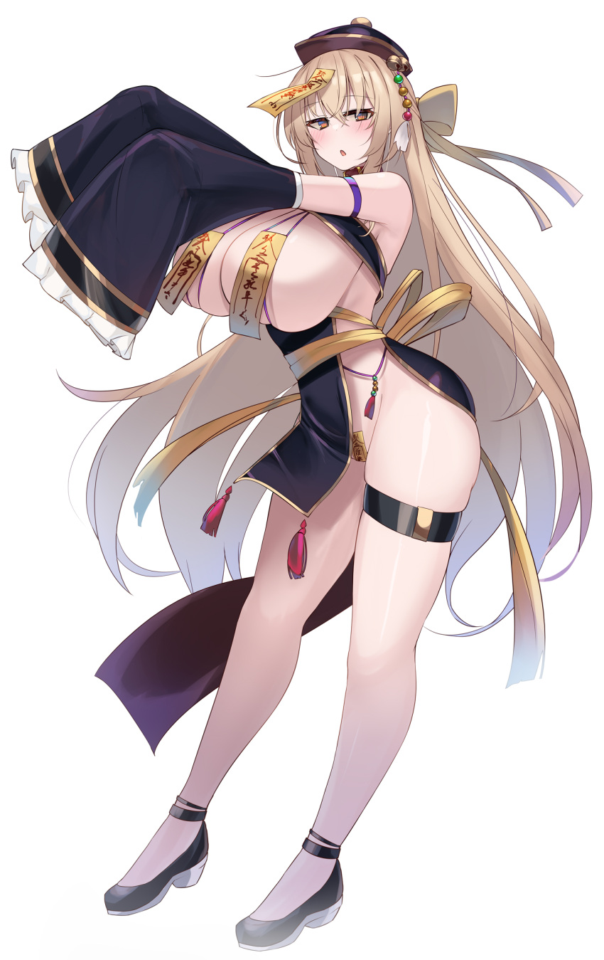 1girl bare_shoulders beads blonde_hair blush breasts cabbie_hat chinese_clothes cleavage collar covered_nipples detached_sleeves hat highres huge_breasts jiangshi jiangshi_costume kubiwa_(kutan) kutan long_hair long_sleeves looking_at_viewer maebari ofuda ofuda_on_head ofuda_on_nipples ofuda_on_pussy original outstretched_arms pasties purple_headwear qing_guanmao red_collar red_eyes sleeves_past_fingers sleeves_past_wrists solo talisman thigh_strap very_long_hair wide_sleeves zombie_pose