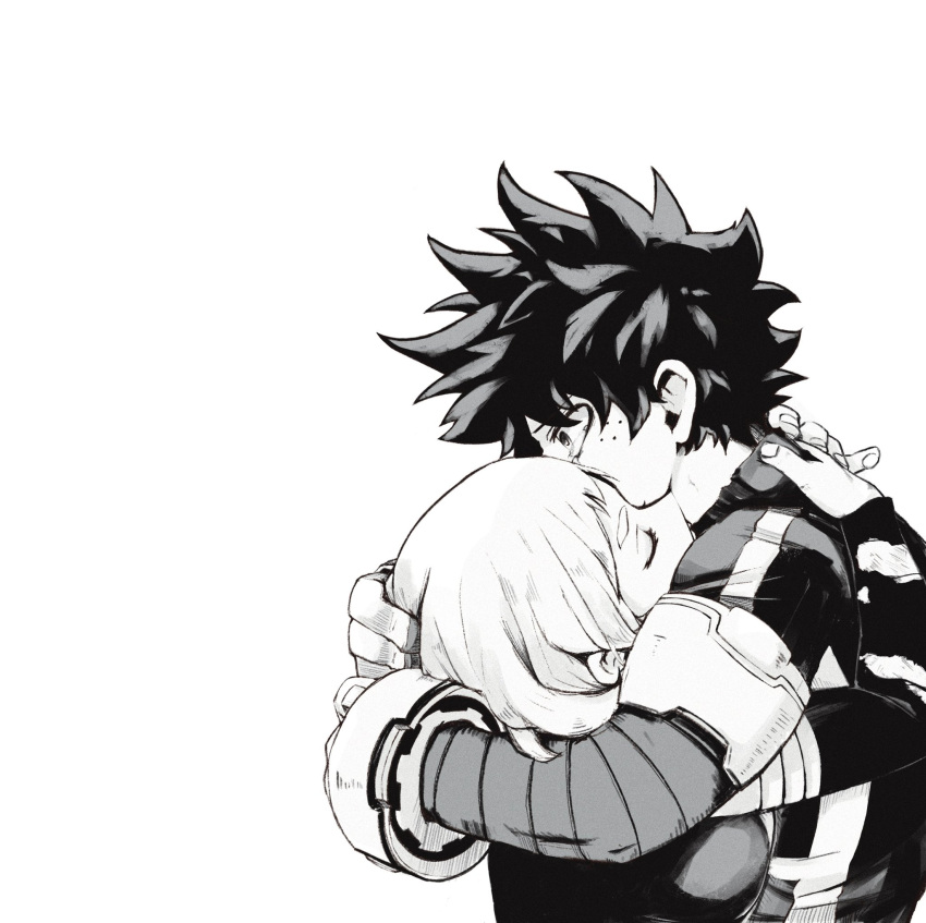 1boy 1girl boku_no_hero_academia closed_eyes commentary covered_mouth crying curly_hair english_commentary film_grain freckles from_side gloves greyscale hand_on_another's_back head_back highres hug long_sleeves midoriya_izuku monochrome mutual_hug profile reallyveverka short_hair simple_background spoilers tears torn_sleeve upper_body uraraka_ochako white_background