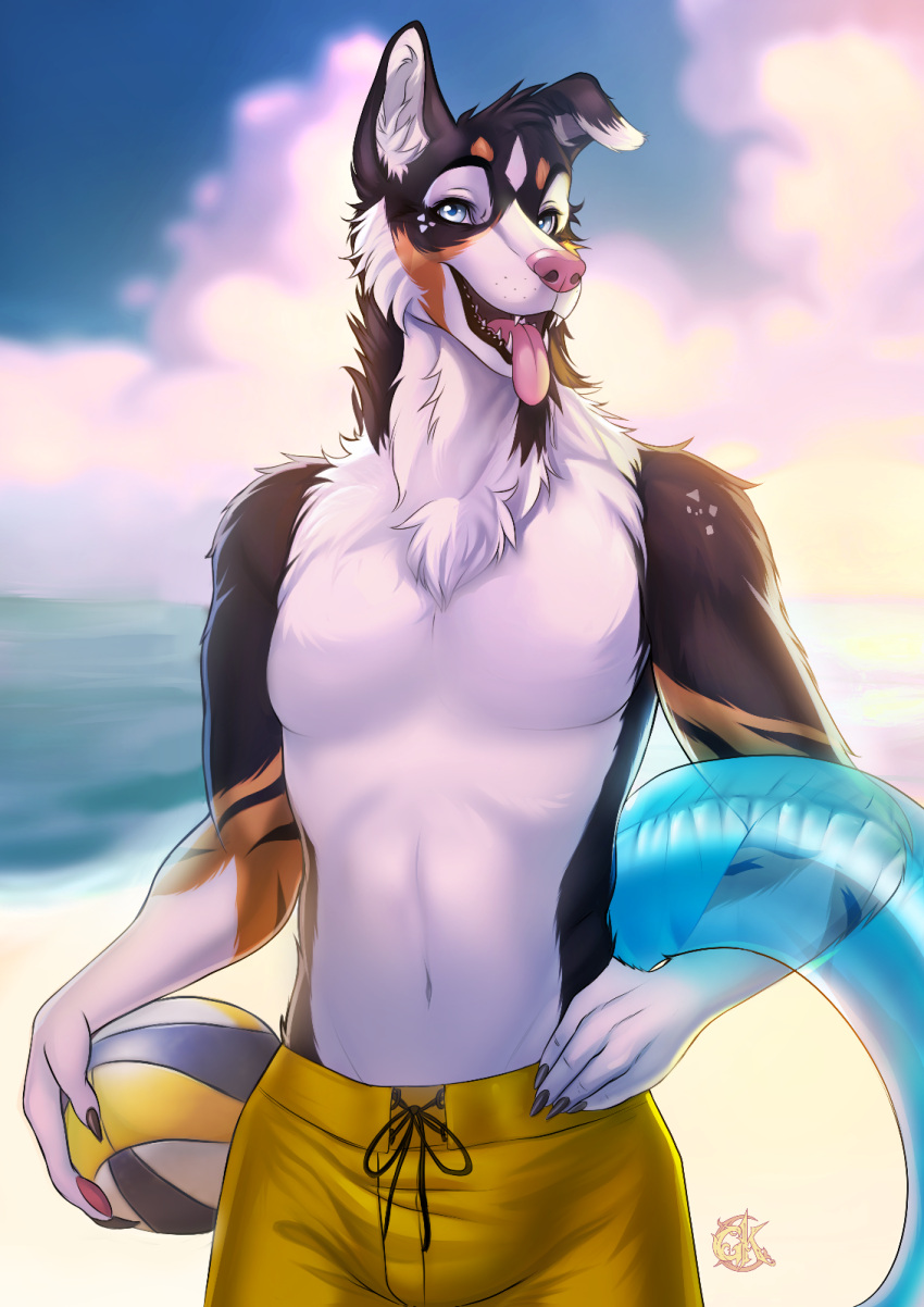 2023 anthro beach black_body black_fur blue_eyes canid canine canis day detailed_background digital_media_(artwork) domestic_dog fur gaiawolfess hi_res malakhael male mammal open_mouth outside sand seaside shirtless shoreline sky smile solo teeth tongue water white_body white_fur