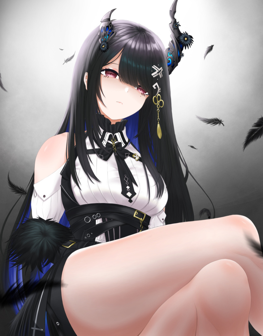 1girl absurdres asymmetrical_horns black_coat black_hair black_sleeves blue_hair breasts clothing_cutout coat collared_dress colored_inner_hair crossed_legs demon_horns dress feathers fur-trimmed_sleeves fur_trim getsukiba highres hololive hololive_english horns large_breasts looking_at_viewer mole mole_under_eye multicolored_hair nerissa_ravencroft red_eyes shoulder_cutout virtual_youtuber waistcoat white_dress