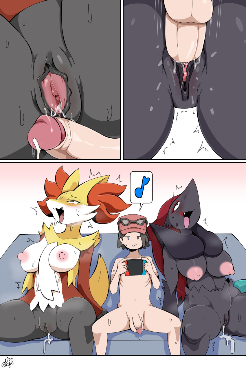 2:3 absurd_res after_sex anthro areola balls big_breasts black_pussy blush bodily_fluids breasts canid canine cum cum_in_pussy cum_inside delphox erection female fur generation_5_pokemon generation_6_pokemon genital_fluids genitals hair hi_res human inner_ear_fluff interspecies larger_anthro larger_female male male/female male_penetrating mammal nintendo nipples nude penetration penis pink_areola pink_nipples pokemon pokemon_(species) pokephilia pussy san_ruishin sex size_difference smaller_human smaller_male tuft vaginal yellow_body yellow_fur zoroark