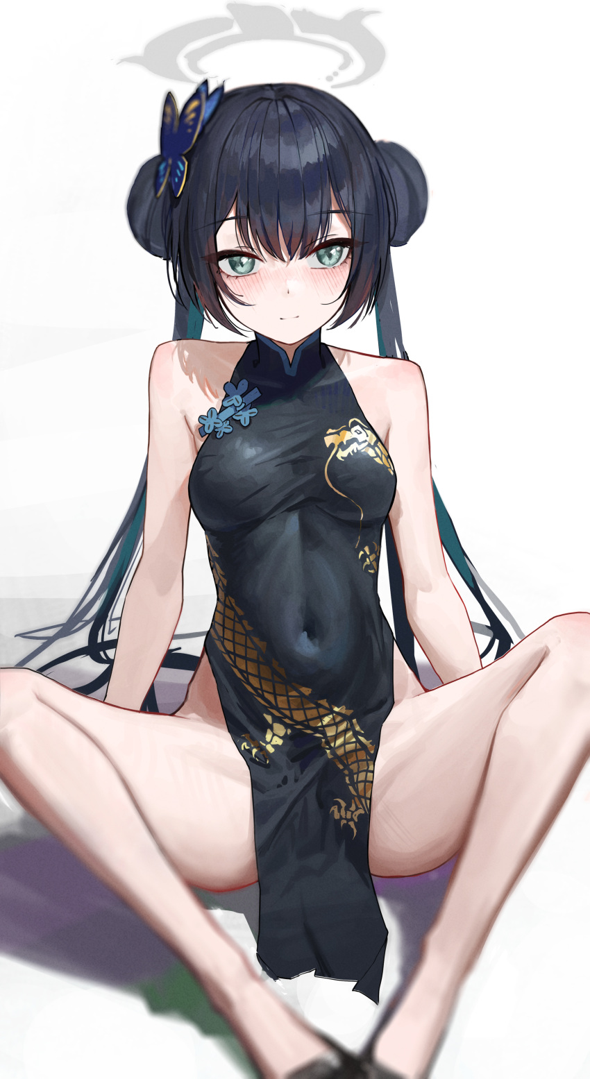 1girl absurdres arm_support bare_arms bare_legs bare_shoulders black_dress black_footwear black_hair blue_archive blurry breasts butterfly_hair_ornament china_dress chinese_clothes closed_mouth covered_navel double_bun dragon_print dress green_eyes hair_bun hair_ornament halo highres hwan_(verypoor) kisaki_(blue_archive) light_smile long_hair looking_at_viewer no_panties pelvic_curtain print_dress revision sidelocks simple_background sitting sleeveless sleeveless_dress small_breasts solo spread_legs taut_clothes taut_dress thighs twintails white_background